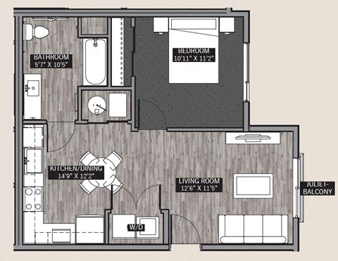 Floor plan for 1 bed, 1 bath, 622 sqft